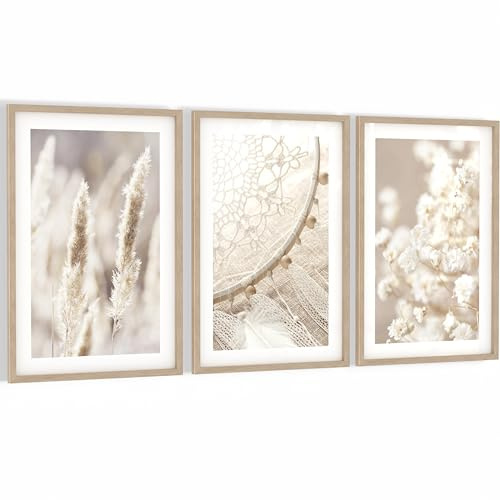 Novart Wandbilder mit Rahmen Natur - Wohnzimmer Schlafzimmer Büro Wanddeko - 3 Bilder Set 128x60 cm Beige - N108736aR1