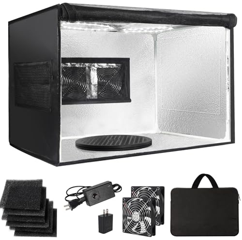 Airbrush Spray Booth Portabe - with LED Lights Turntable & Dual Exhaust Fans – Foldable Airbrush Paint Booth for Makeup, Art Painting, Model 16.6 in