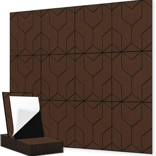 Hiseng 12 Pack Acoustic Wall Panels Self Adhesive Sound Proofing Panels High Density Felt Acoustic panels for Walls 30x30cm for Office Bedroom Recording Studio Home, 3D Wood (Brown,30x30cm)