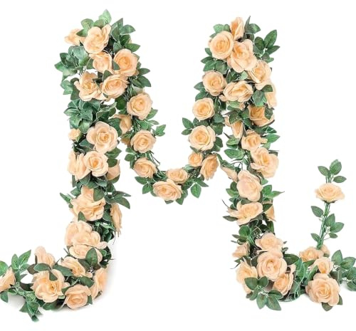 YRIOWMI 10PCS Fake Rose Garland, 7.5Ft Artificial Vines Flowers Hanging Rose Vine forfor Table Wedding Backdrop Arch Wall Party Mantle Festival Decor (Champagne)