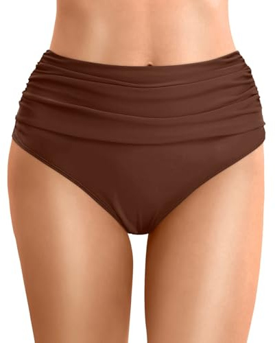 Bas Maillot De Bain Taille Haute pour Femme Élégant Bikini Taille Haute Ruched Bikini Slips Couleur Unie Triangle Short de Bain Amincissant Gainant Ventre Plat Culotte Maillot-9