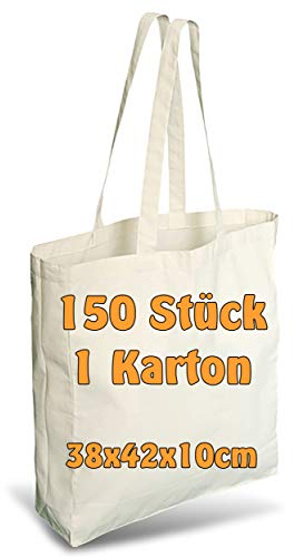 Cottonbagjoe 25 Baumwolltaschen 38x42x10 cm mit langen Henkeln – natur – mit Boden- und Seitenfalte – OEKO-TEX® STANDARD 100 zertifiziert (10, Beige)