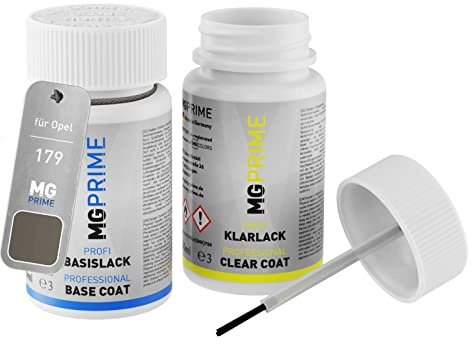 MG PRIME Autolack Lackstift für Opel 179 / 03T / GEV / 11S Silver Lake. +1K | Perl Silber Metallic / Silver Lake Metallic, Set aus Basislack + Klarlack, Lackfläschchen mit Pinsel, je 50ml
