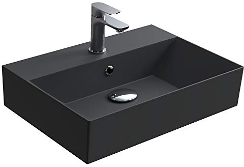 Aqua Bagno Handwaschbecken 50 cm Keramik schwarz Matt, Hängewaschbecken eckig für Wandmontage, Aufsatzwaschbecken mit Hahnloch und Überlauf, platzsparender Waschtisch fürs Gäste-WC