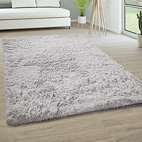 Paco Home Tappeto Salotto Pelo Lungo Soggiorno Pelliccia Finta Shaggy Morbido Monocolore, Dimensione:140x200 cm, Colore:Argento