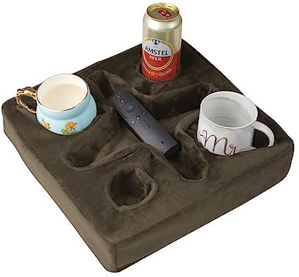 Couch and Bed Cup Holder Pillow, Sofa Refreshment Tray for Drinks/Remote Control/Snacks Holder (Brown)