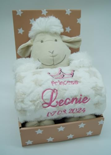 BotoBaby - Geschenk-Set - Babydecke mit Namen und Geburtsdatum + Motiv + Plüschtier - Geschenk Taufe Geburt Baby-Shower OSTERNGESCHENK (Beige - Schaf)