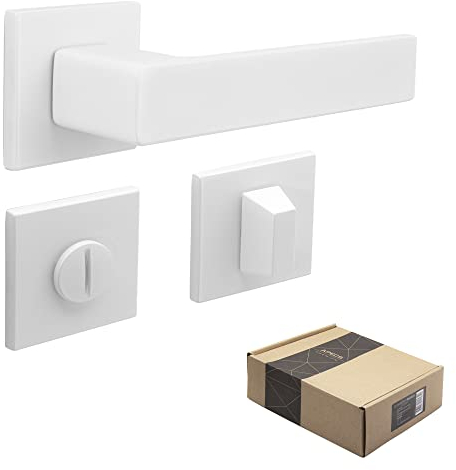 APECS Türgriffe innentüren Modern Türklinke für Haustür und Innentür mit quadratisch Rosetten Türgriff weiß matt Drückergarnitur mit Befestigungsmaterial Türbeschlag Modell REGULUS WC - Badezimmer