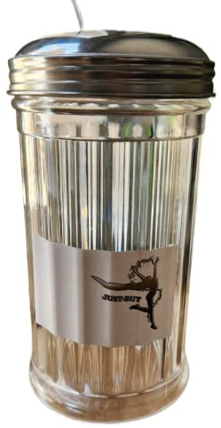 JUST-BUY Glass Sugar Pourer Dispenser Shaker with Stainless Steel Lid and Side Flap Top 12 Oz.