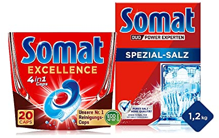 Somat Excellence 4in1 Caps (20 Caps) schnellauflösend, schnellauflösend exzellente Reinigung, Eco-Programm & Somat Spezial Salz 1,2Kg