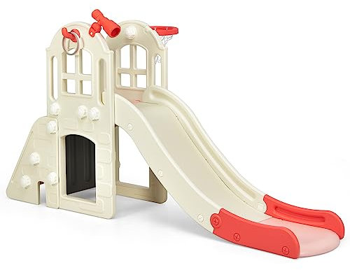 GYMAX Scivolo Multifunzionale per Bambini 6 in 1, Set da Gioco con Canestro, Scivolo, Parete da Arrampicata, Lancio dell'Anello, Binocolo, Tunnel, Tavolo da Picnic, 189,5 x 83 x 98 cm (Rosa)