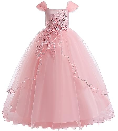 Weileenice Light Pink Flower Girls Dresses for Wedding Cold Shoulder Vintage Little Girl Birthday Party Dance Ball Gown Embroidery Princess Formal Pageant Bridesmaid Tulle Maxi Dress 7 8