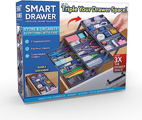 Ontel Smart Drawer Organizer - Multi-level Jewelry Holder, Cosmetics Organizer, or Office Drawer Organizer with Adjustable Dividers for Organization and Storage, Fits Drawers 9.5W x 7.5L x 2.75D