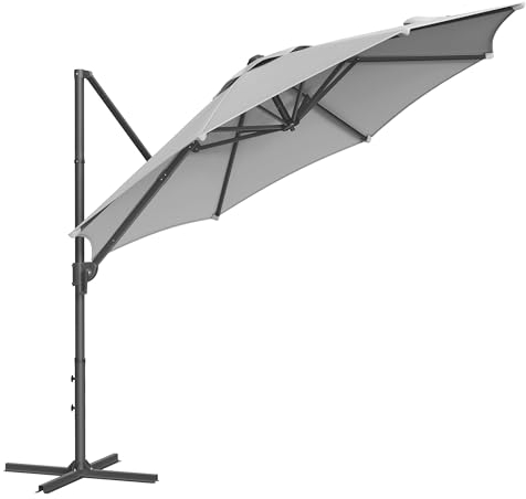 SONGMICS Sonnenschirm, Ampelschirm, 300 cm, UPF 50+, Gartenschirm, um 360° drehbar, Neigungswinkel stufenlos verstellbar, mit Kurbel, Kreuzfuß, Taubengrau GPU074G10