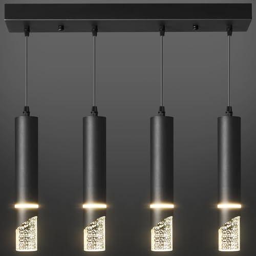 Modern LED Pendant Lighting Fixture 48-Watt 4 Light Black Kitchen Island Chandelier Dimmable Kitchen Light Fixtures Perfect for Dining Room Hanging Island Lighting Crystal Bubble Pendant Lights