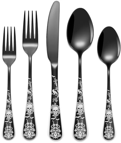 40-Piece Black Skull Silverware Set for 8, Flatware Set Stainless Steel Spoons,Forks,Knife Pattern Unique Design Utensil Sets Tableware Cutlery, Mirror Polished, Dishwasher Safe