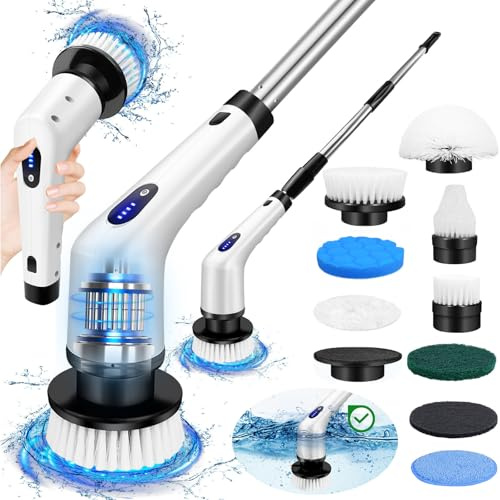 Electric Spin Scrubber, Cordless Cleaning Brush with 9 Replaceable Brush Heads，Dual Speed Power Scrubber with Adjustable Extension Handle for Bathroom, Floor, Kitchen, Car, Tile, Wall, Tub