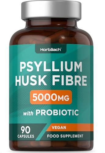 Psyllium Husk Capsules 5000mg with Acidophilus | Natural Soluble Fibre Supplement with ProBio | Plantago Ovata Seed Husk Extract | 120 Vegan Capsules | by Horbaach