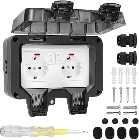 SHYOSUCCE Presa esterna a 2 scomparti con connettore, coperchio ribaltabile, IP66, impermeabile, per cucina, bagno, garage, piscina e giardino, colore nero