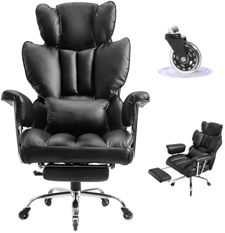 YEEZEE Bürostuhl mit Fußstütze, Chefsessel mit hoher Rückenlehne, Bürosessel aus PU-Leder mit separatem, abnehmbarem Lendenkissen, Verstellbarer bequemer Bürostuhl, Chefsessel 200 kg belastbarkeit