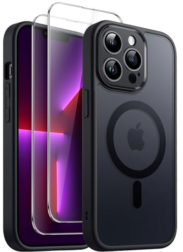 JETech Coque Mat Magnétique 3 en 1 pour iPhone 13 Pro Max, Noir | Compatible avec MagSafe, 2 Protections d'Écran en Verre Trempé, Dos Translucide Mat, Étui Housse Antichoc