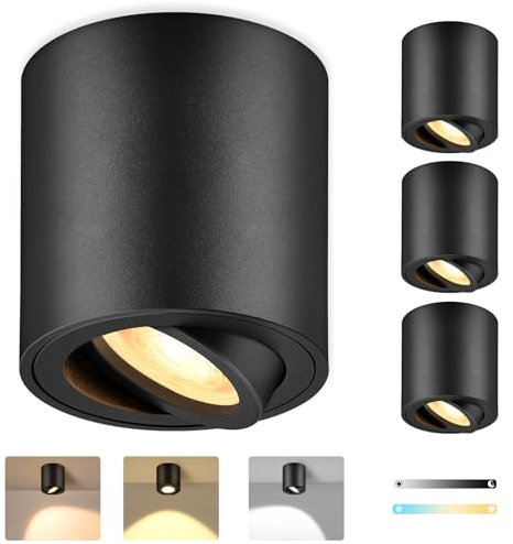 GeyouLux 4x Focos Superficie, Ø80x84mm Focos de Techo Giratorio, incl. 5W Intercambiable Módulo LED, Foco LED Interior Techo Redonda de Aluminio, 3000K/4000K/6500K Foco Techo(Negro)