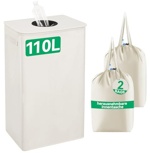 WOWLIVE Pfandflaschen Sammelbehälter,110L Flaschensammler Leergut mit Deckel & 2 Tragetasche,Flaschensammler mit Loch Küche Abstellraum Flaschentasche，Beige