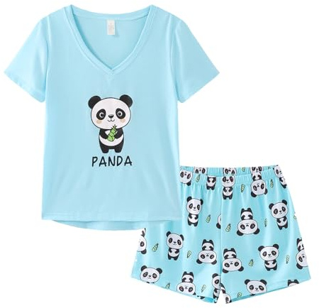 MyFav Women Pyjama Set Cute Panda Pattern Short Sleeve Striped Shorts Sleepwear