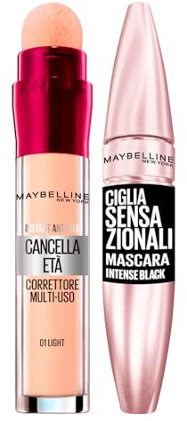 Maybelline New York Il Cancella Età Correttore Liquido Multiuso Applicatore a Spugnetta Colore 01 Light + Ciglia Sensazionali Mascara Volumizzante Colore Intense Black Effetto Ventaglio Senza Grumi
