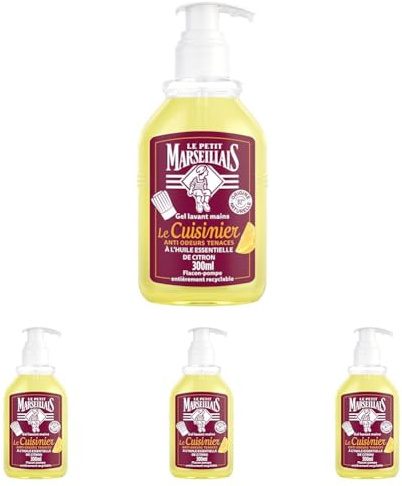 Le Petit Marseillais – Gel Lavant Mains Le Cuisinier (flacon-pompe de 300 ml) – Savon mains liquide anti odeurs tenaces à l'huile essentielle de citron – 92% d'origine naturelle (Lot de 4)