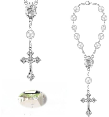 AzureRay Rosario per Auto Specchietto Retrovisore con San Cristoforo e Crocifisso, Talismano Portafortuna per Macchina, Accessorio Religioso da Preghiera, Regalo per Automobilista
