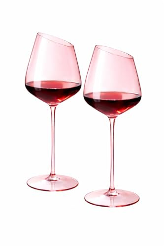 Coolcapis 2 pcs Large Pink Asymmetrical Wine Glass Tilted Rim Modern Design for Red Wine, Rosé & Entertaining – Premium Glassware Gift 4.5in Wide Bowl, 25cm Height 21oz Crystal-Style Stemware