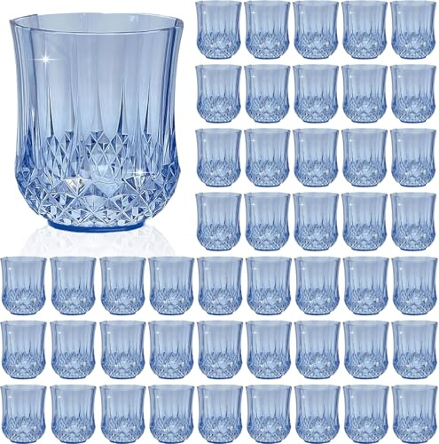 LEYIQU 48 copas de vino azules sin tallo, vasos reutilizables de plástico de 9 onzas, vasos vintage para whisky, cerveza, jugo, bebidas, cócteles