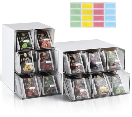 efuturetime 4 Piezas Caja de Té de Plástico, Caja Infusiones con 12 Cajones Apilable 22,6x16,5x7,7cm Organizador de Té para Té, Café, Especias, Encimeras de Cocina, Armarios, Despensa