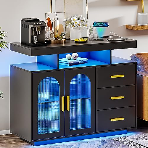 Gurexl LED Sideboard Buffetschrank,40 x 80 x 100 cm,Sideboard mit kabelloser Ladestation und 24 Farben RGB,küchenschrank mit Intelligente Sensorik und Verstellbare Ablagen, für Küche,Schwarz