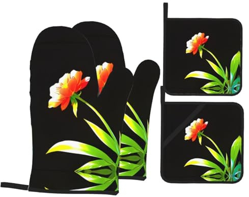 Juego de 4 alfombrillas para hornear con diseño de flores frente al sol, para barbacoa, fiesta, cocina, 260.0 °C, resistentes a altas temperaturas, guantes de horno