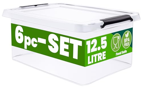 Deuba® 6x Cajas Almacenaje Apilable 12,5L Contenedor Transparente Orden Almacenamiento Organizador Libre BPA Juguetes Libros Ropa Mantas Alimentos
