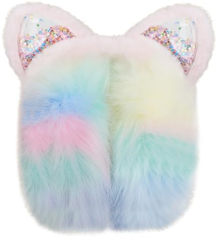 Cute Animal Earmuffs for Kids Girls Women Foldable Winter Warm Plush Cat Ear Muffs Soft Faux Fur Thermal Ear Covers Earwarmer Outdoor Windproof Headband Cold Weather Protection Ski Cycling Headwear