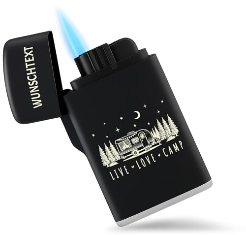 Feuerzeug Sturmfeuerzeug - Camping - Live, Love, Camp - praktisch Outdoor Gadget - 6,5 x 4 cm - Schwarz - Motiv