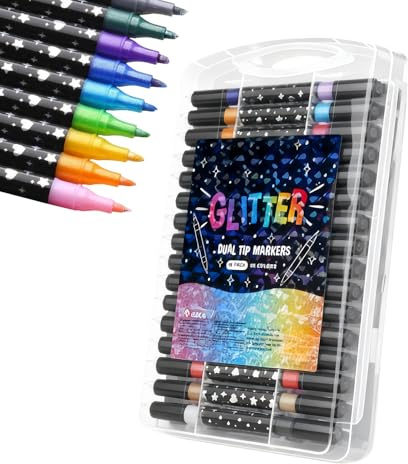 Glitter-markörer | 48 stycken dubbla spetsar | Lysande markörer för vuxna för färgning av stenar | för nybörjare konstnärer flickor män kvinnor jobb papper ritning papper