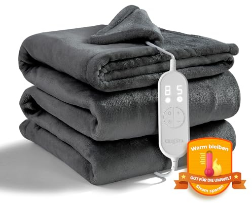 CELESTA Flanell Heizdecke mit Abschaltautomatik 180 x 130 cm, 9 Heizstufen 1-9H Timer Auto-Aus, Beheizbare Decke, Maschinenwaschbar - für Sofa, Bett und Büro, Dunkelgrau