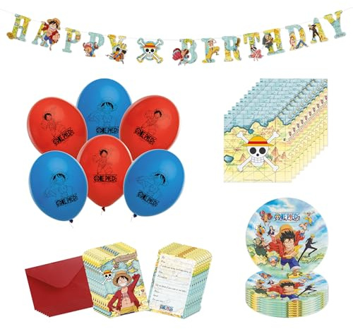 Chaks - Set ufficiale per feste One Piece per bambini, piatti, tovaglioli, palloncini, inviti e ghirlande, decorazioni anime per compleanni
