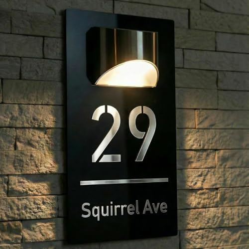 Modern Solar House Number Sign for Outside, Waterproof LED Illuminated Address Plaque with Street Name, Personalized Custom Lighted Address Sign for Yard, Front Door, Patio(Black-Silver)