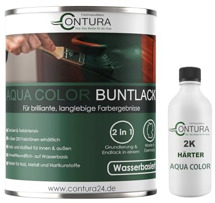 Contura 2K Buntlack Seidenmatt Lackfarbe Lack Außen Innen Holz Metall 2 Komponenten Farbe Set mit Härter Holzlack Möbellack (RAL 3000 - Feuerrot, 750ml.)