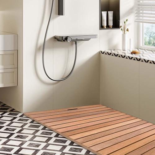 Halkfri träbadmatta för dusch och spa – modernt golvskydd och dekor ankboard (78 x 89 cm) – perfekt för badkarstrapp och bastu, flo och slish