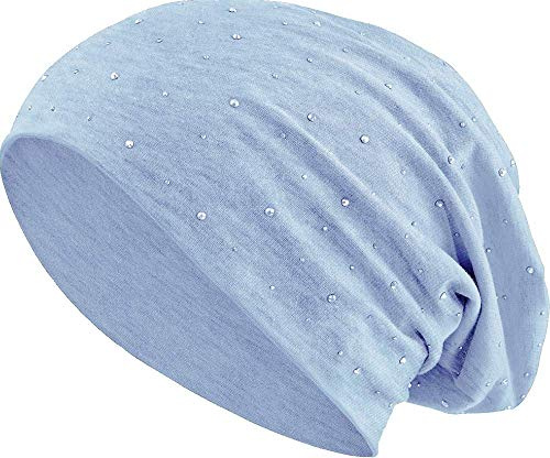 Jersey Cotone Elastico Lungo Slouch Beanie Unisex Uomo Signore con Strass Stelle Beanie Heather in 35 Colori Diversi (7) (Heather Azzurro)