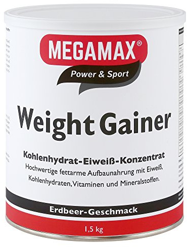 Megamax Weight Gainer Erdbeere 1,5 kg 0,5% Fett | Vitamine, hochwertige Kohlenhydrate & Proteine ideal für HardGainer u. Untergewicht | Aufbaunahrung für Massephase, Masseaufbau & Zunehmen