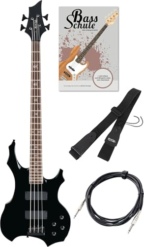 Rocktile Pro BB104-B BattleBone Set de Bajo Eléctrico - Bajo en Diseño Heavy con 2 Pastillas y 2 Controles de Tono - Incluye Correa para Guitarra, Cable y Escuela de Bajo - Negro