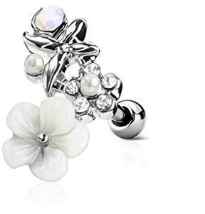 Tapsi´s Coolbodyart® Ohr Cartilage Tragus Barbell Edelstahl Chirurgenstahl 316L Silber Kristall Harz Blüte