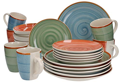 VAN WELL Magnifica Service combiné 6 personnes Service de table en plusieurs couleurs Tasses Assiettes creuses Assiettes plates Service de table coloré en porcelaine 24 pièces Multicolor
